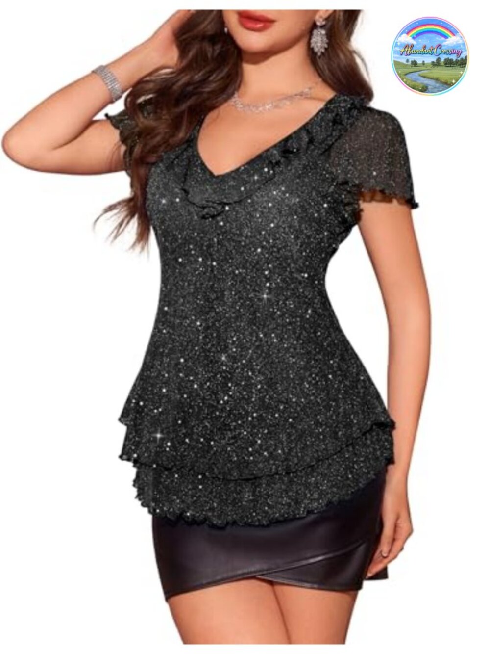 Sparkly Sequin Ruffle Sleeve V-Neck Top Evening Party Blouse